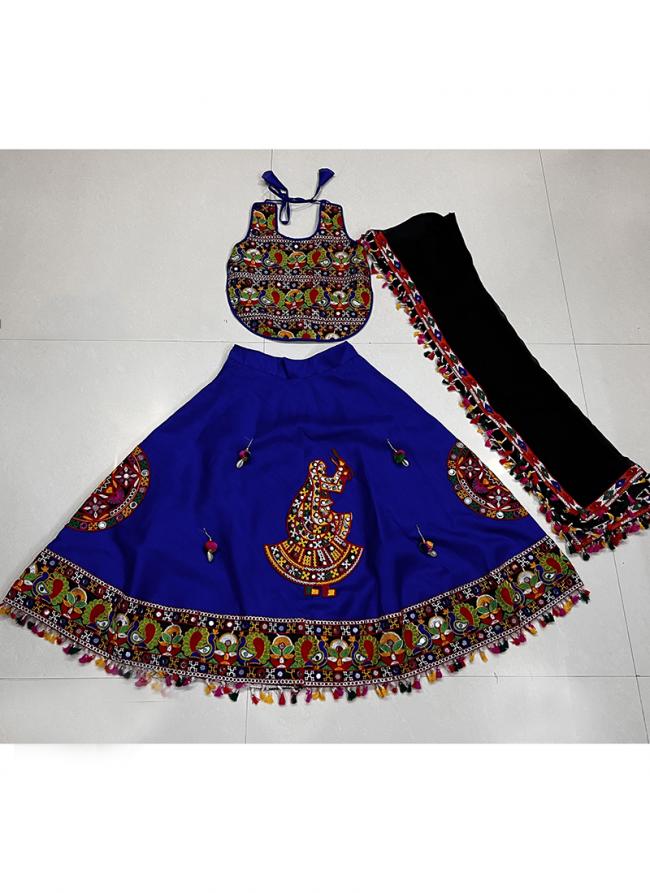 Art Silk Royal Blue Navratri Wear Kutchi Work Readymade Kids Lehenga Choli